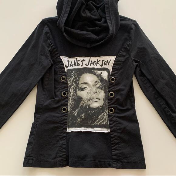 Janet Jackson 90’s R&B Icon Graphic Black Button Down Hoodie Jacket Small - Picture 4 of 9